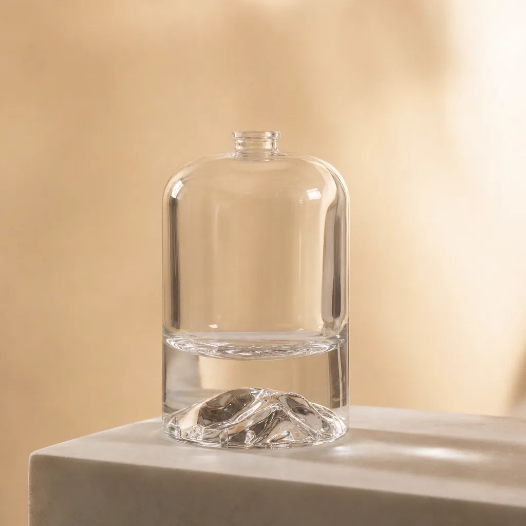 Clear glass bottle with a sculptural mountain-like base