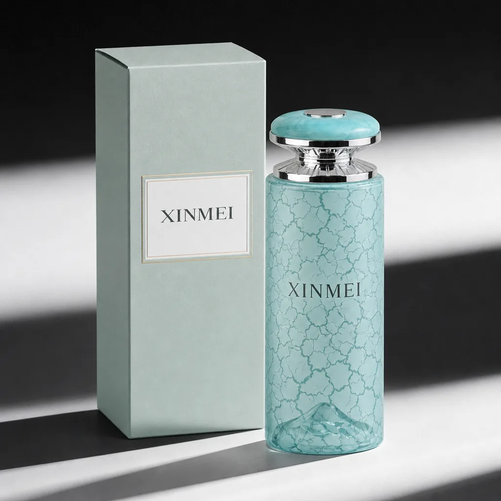 تصور عبوة عطر باللون الأزرق الجليدي