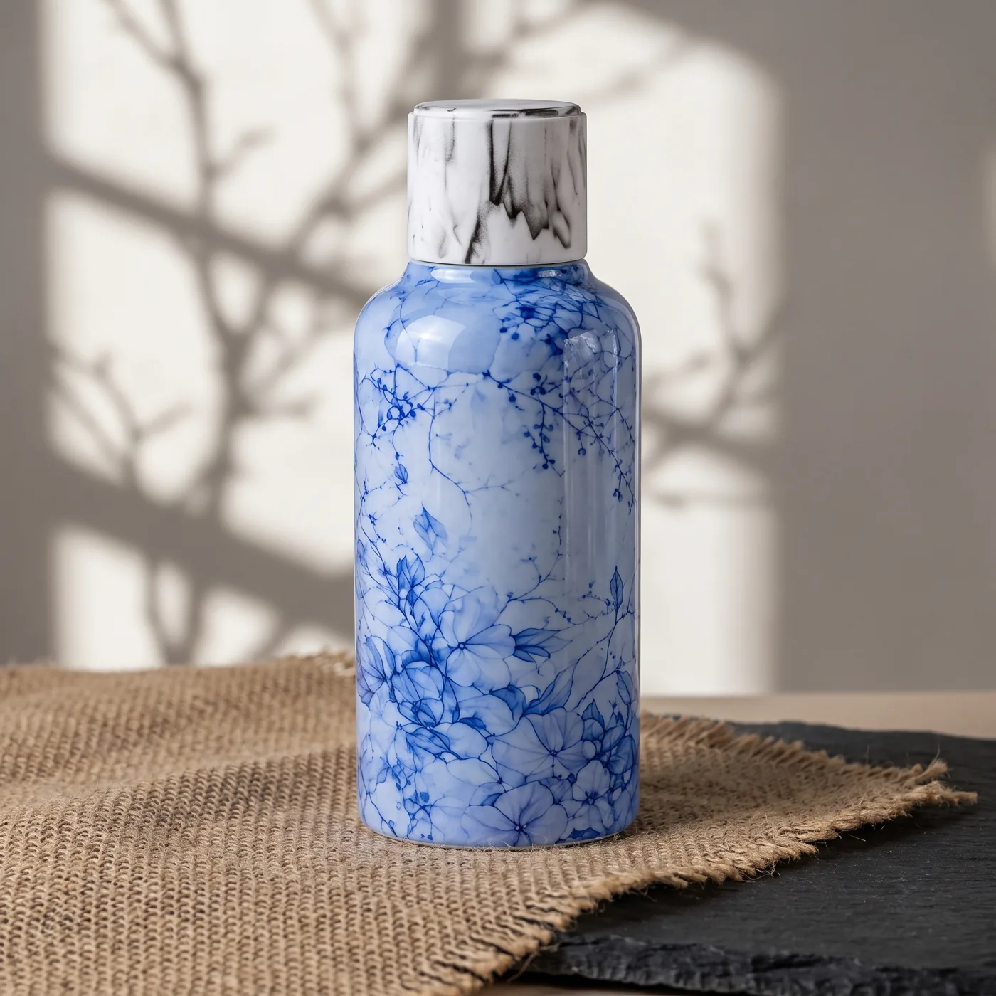 Blue decorated bottle with a cylindrical marble-effect cap concept