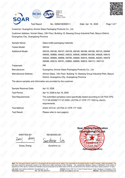 Rapport d’essai FDA au nom de Guangzhou Xinmei Glass Packaging Products