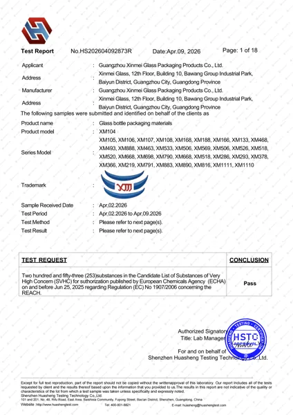 Rapport d’essai REACH au nom de Guangzhou Xinmei Glass Packaging Products